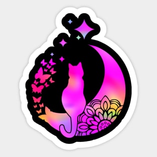 Hot Pink Holographic Rainbow Cat On A Mandala Moon With Butterflies: Hippie Vibe Sticker